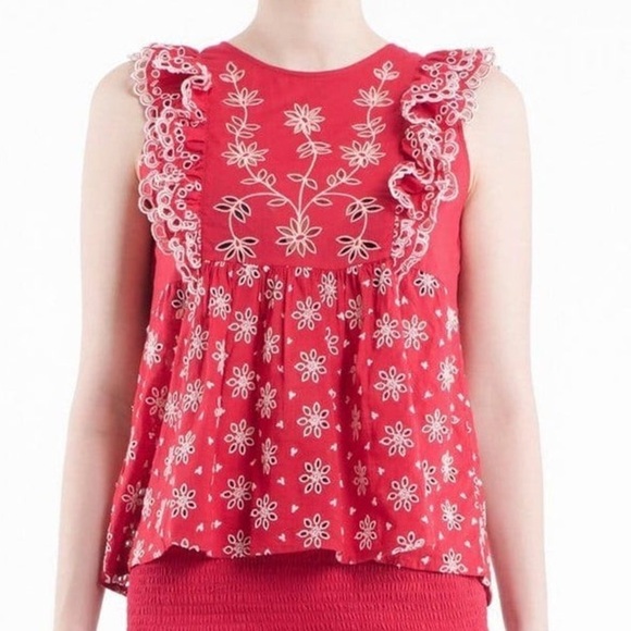 BYTIMO Fleur Anglaise Ruffled Cotton Top Red Sz. Small - Picture 2 of 15